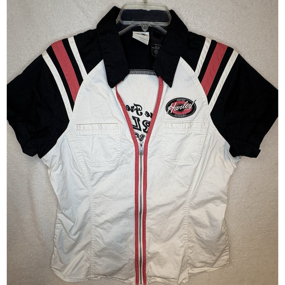 Vintage Harley Davidson Womens XL Spell Out Striped Full Zip Mechanic Shirt - Picture 2 of 10